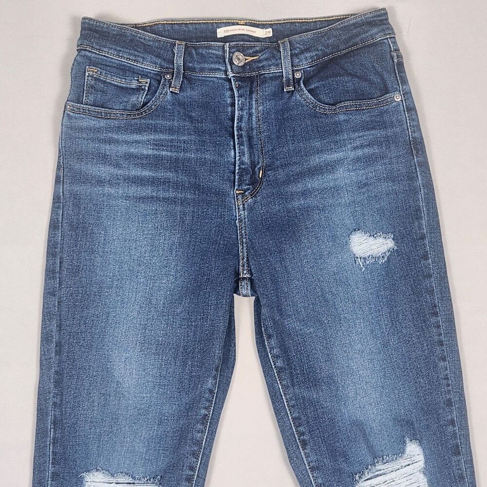 Levi’s 721 High Rise Skinny Jeans Women’s 29x30 Distressed Blue Stretch - Picture 2 of 13